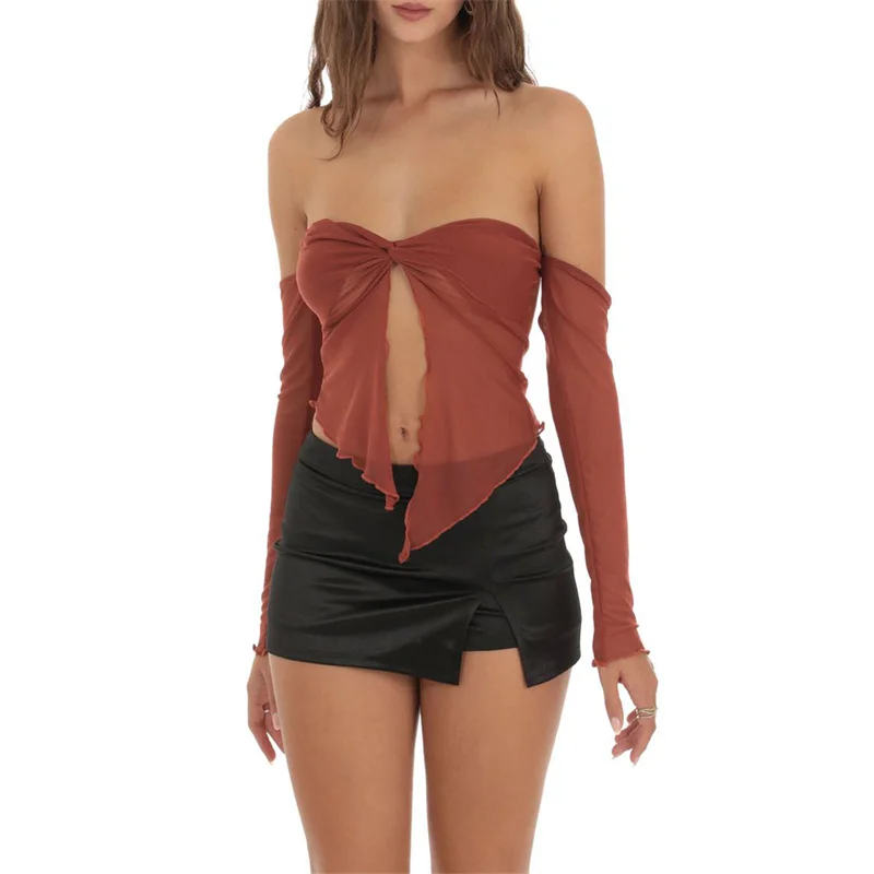 Y2K Off-Shoulder Mesh Top with Front Knot Detail - Ruffle Asymmetrical Hem Clubwear