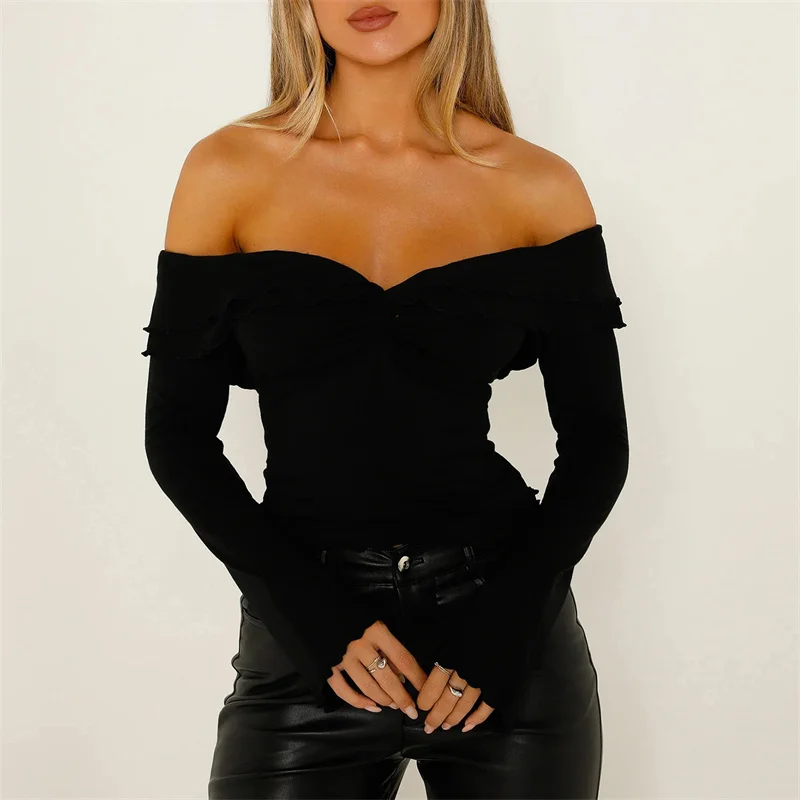 Y2K Off-Shoulder Ruffle Top: Solid Color Twist Front Streetwear