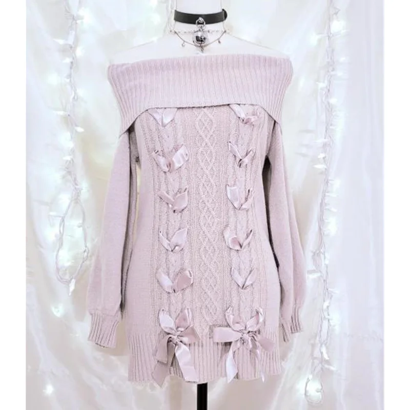 Y2K Off-Shoulder Sweater Dress - Solid Color Knitted Streetwear