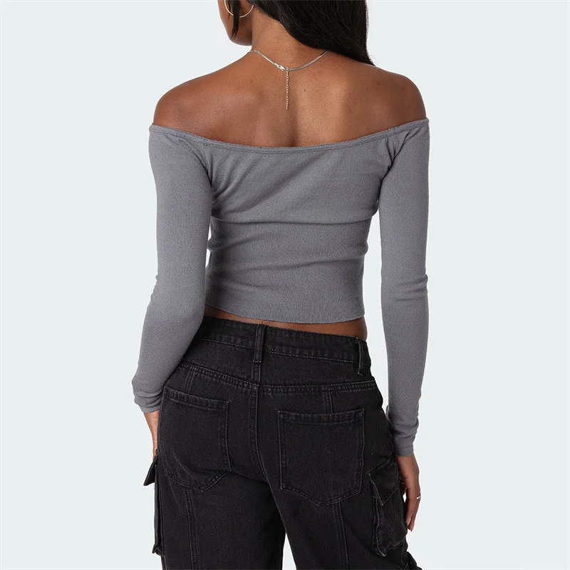 Y2K Off-Shoulder Tie-Up Long Sleeve Crop Top - Solid Color Streetwear