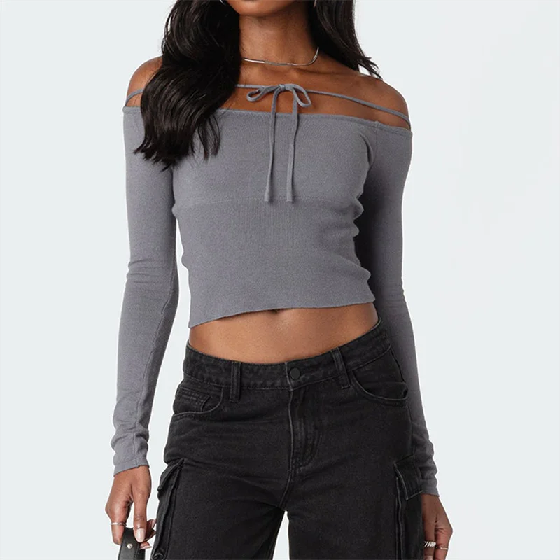 Y2K Off-Shoulder Tie-Up Long Sleeve Crop Top - Solid Color Streetwear