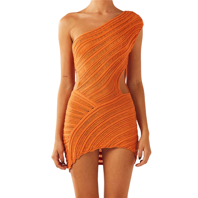 Y2K One Shoulder Bodycon Dress - Solid Color Knitted Club Party Outfit