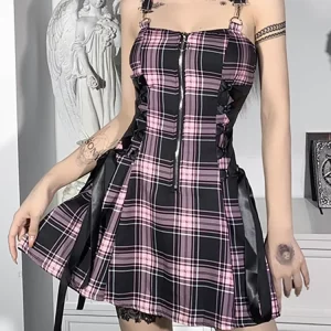 Y2K Pastel Gothic Harajuku Pink Mini Dress - Plaid Mall Goth Grunge Punk Emo Partywear