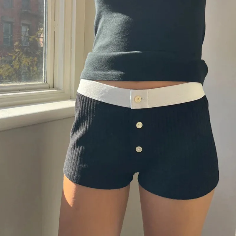 Y2K Patchwork Button High Waist Shorts - Vintage Streetwear Chic