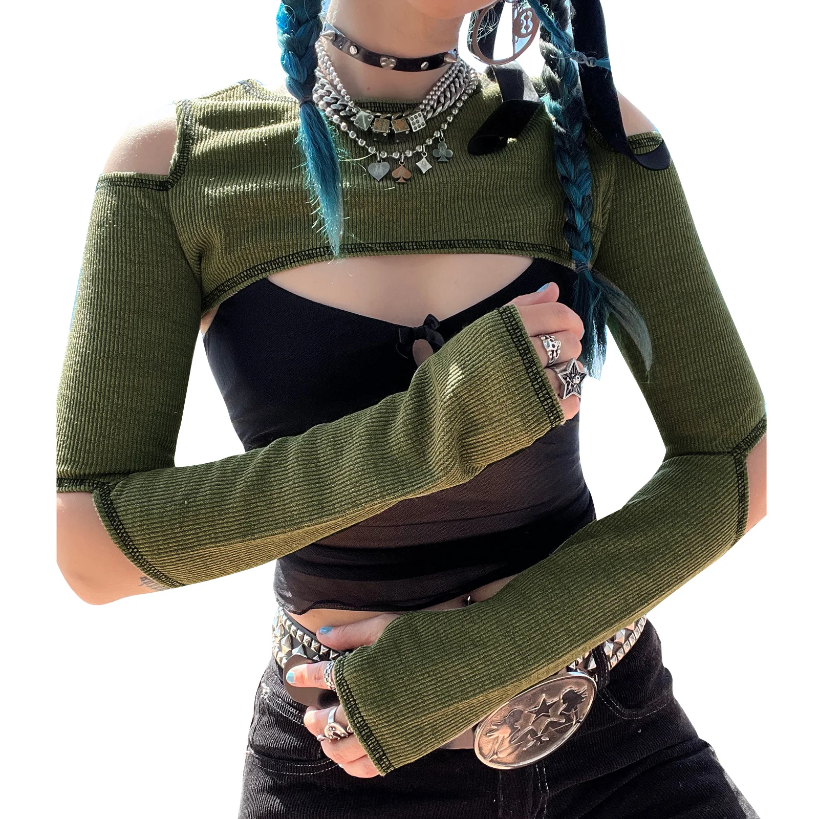 Y2k Patchwork Crop Top: Knitted Long Sleeve Tee & Cardigan Combo