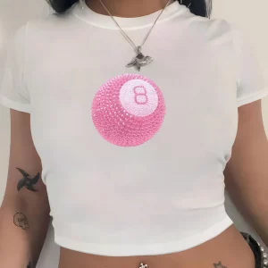 Y2K Pink 8-Ball Print Girly Heart Crop Tee