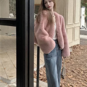 Y2K Pink Faux Rabbit Fur Fluffy Jacket - Short Winter Furry Coat