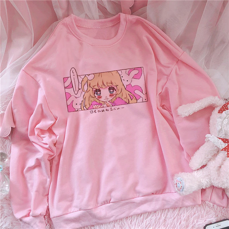 Y2K Pink Harajuku Cartoon Girls Sweatshirt - Vintage Streetwear Top