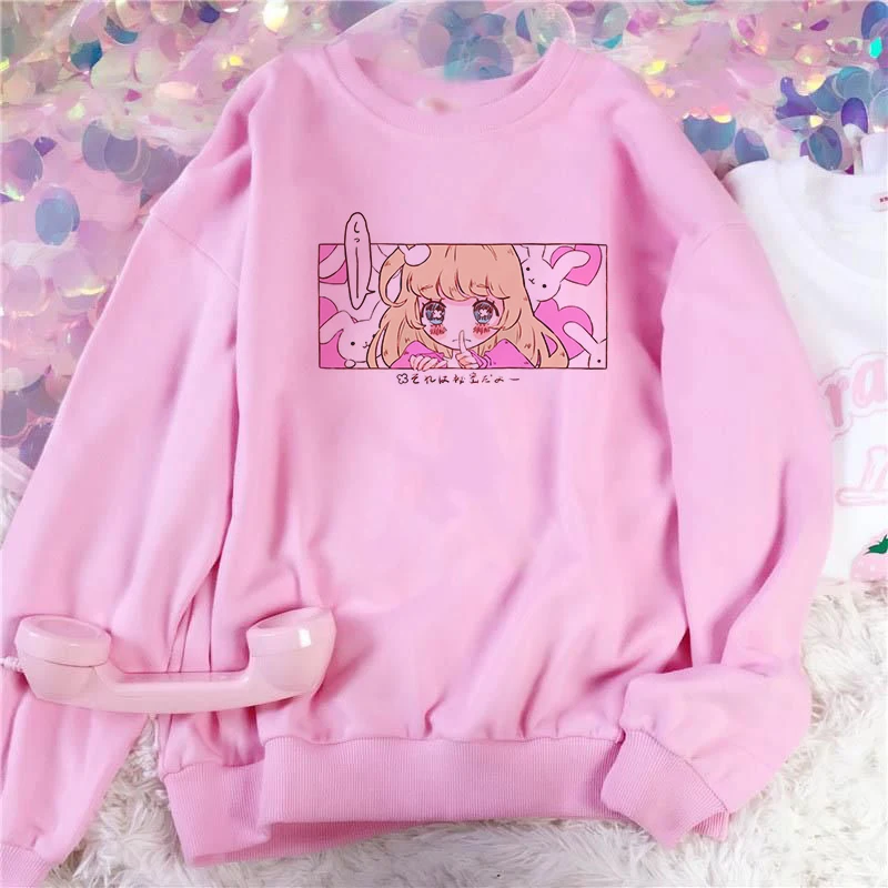 Y2K Pink Harajuku Cartoon Girls Sweatshirt - Vintage Streetwear Top