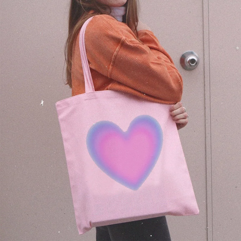 Y2K Pink Heart Print Canvas Shopping Bag - Harajuku Style