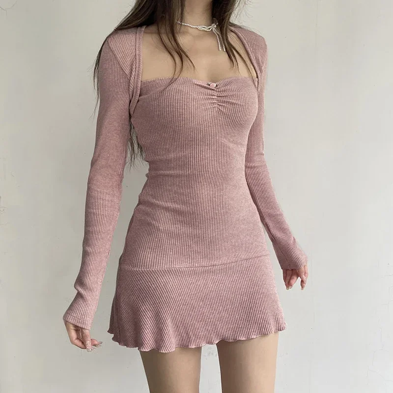 Y2K Pink Knitted Sweet Girl Dress - Square Collar Elegant Fashion