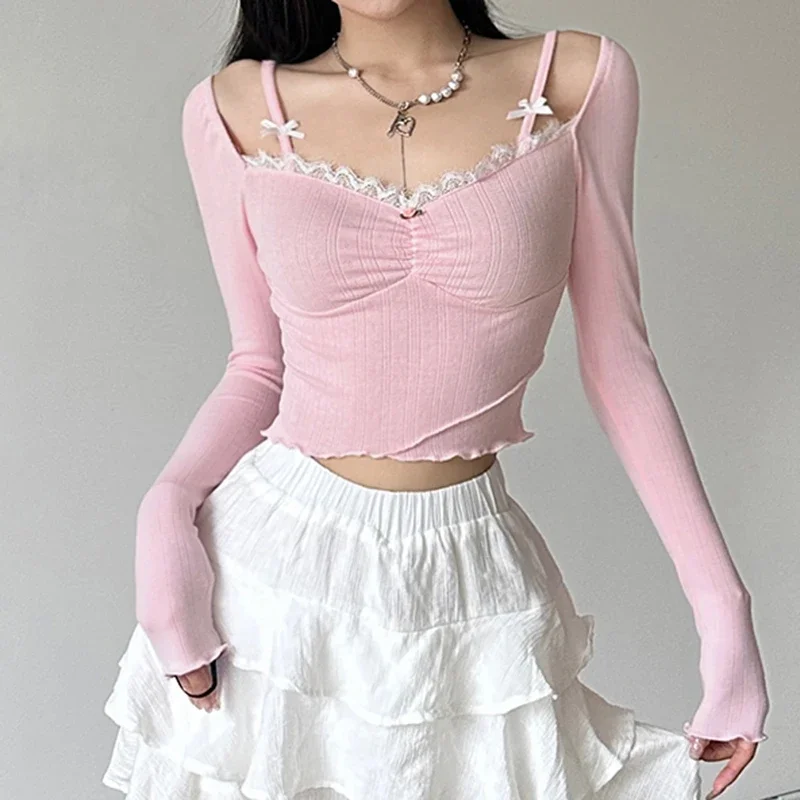 Y2K Pink Lace V-Neck Skinny Top - Coquette Aesthetic Slim-fit Knitted Tee