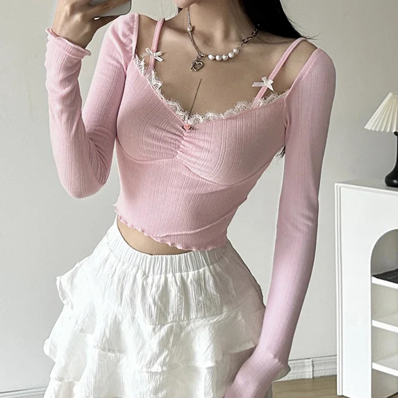 Y2K Pink Lace V-Neck Skinny Top - Coquette Aesthetic Slim-fit Knitted Tee