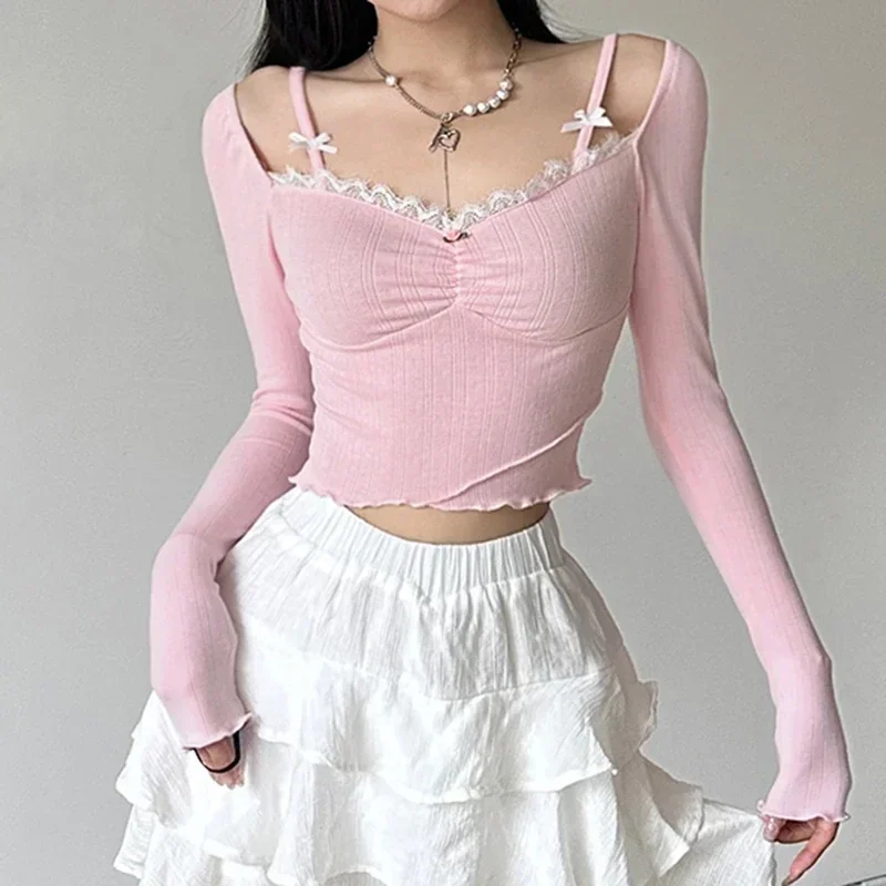 Y2K Pink Lace V-Neck Top - Coquette Aesthetic Slim-fit Knitted Tee