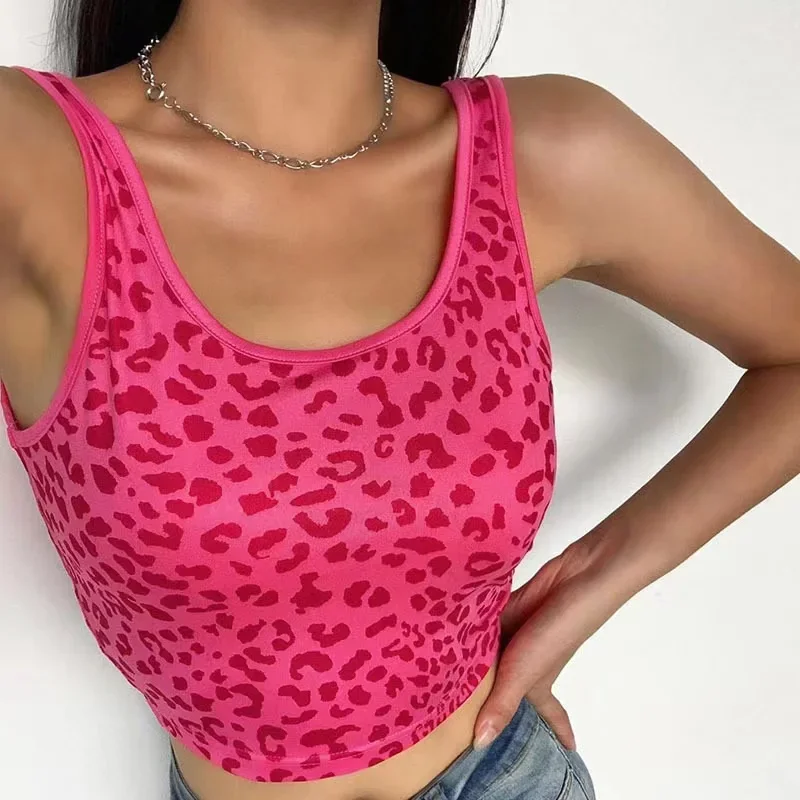 Y2K Pink Leopard Print Crop Top - Vintage Blue Square Neck Backless Tank