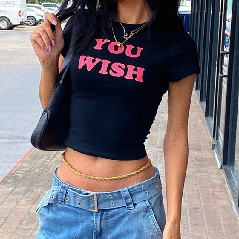 Y2K Pink Letter Print Black Tee - Vintage Streetwear Crop Top