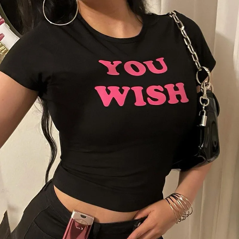 Y2K Pink Letter Print Black Tee - Vintage Streetwear Crop Top