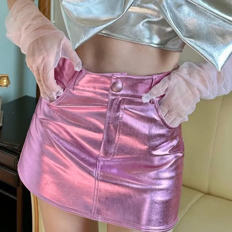 Y2k Pink Metallic Hot Girls Short Skirt - Slim Fit Bright High Waist Halfskirt