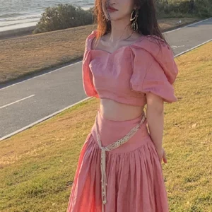 Y2K Pink Off-Shoulder Crop Top & Skirt Set - Summer Beach Outfit