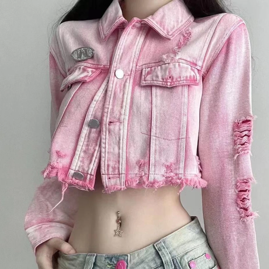 Y2K Pink Ripped Denim Crop Top Jacket - Women's Grunge Fashion