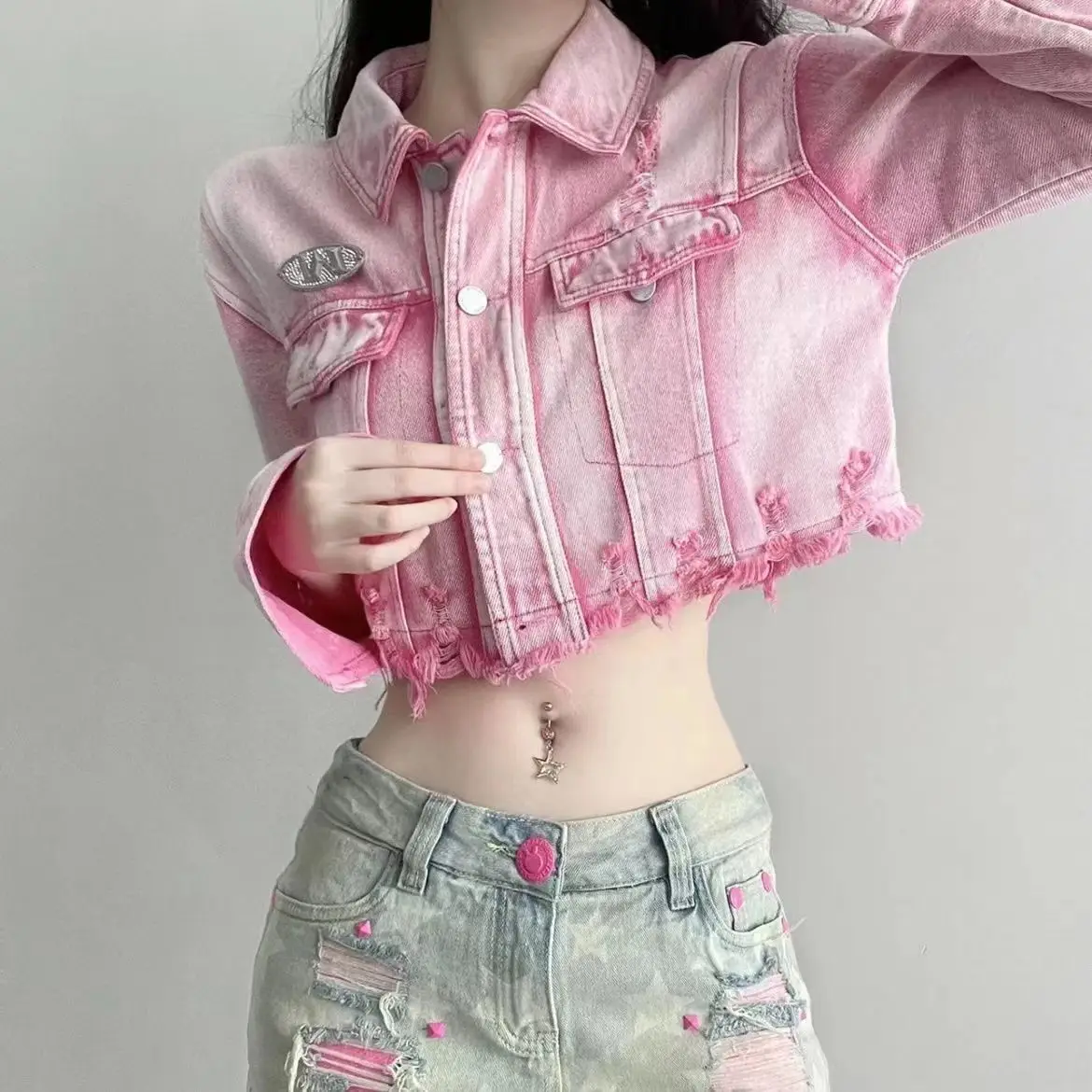 Y2K Pink Ripped Denim Crop Top Jacket - Women's Grunge Fashion