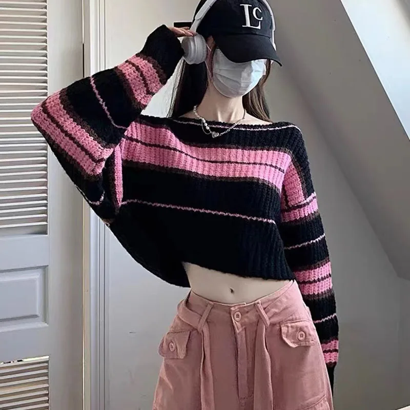 Y2K Pink Striped Cropped Sweater - Korean Streetwear Hot Girl Fashion