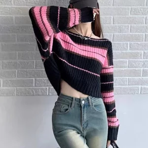 Y2K Pink Striped Cropped Sweater - Korean Streetwear Hot Girl Fashion