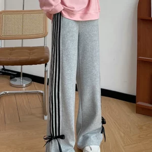 Y2k Pink Striped Sweatpants - High Waist Casual Bows Wide Leg Pants