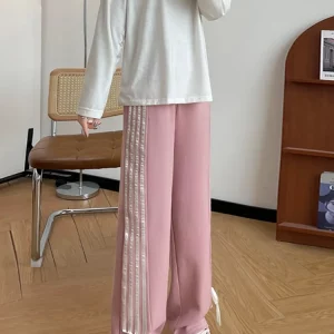 Y2k Pink Striped Sweatpants - High Waist Casual Bows Wide Leg Pants