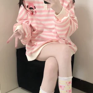 Y2K Pink Striped Sweatshirt - Japanese Kawaii Cartoon Print - Grunge Retro Style - Soft Girl Hoodie