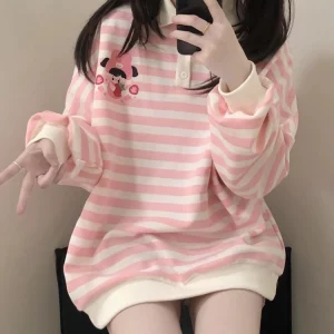 Y2K Pink Striped Sweatshirt - Japanese Kawaii Cartoon Print - Grunge Retro Style - Soft Girl Hoodie