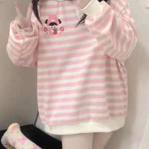 Y2K Pink Striped Sweatshirt - Japanese Kawaii Cartoon Print - Grunge Retro Style - Soft Girl Hoodie