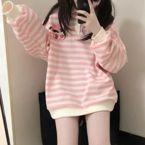 Y2K Pink Striped Sweatshirt - Japanese Kawaii Cartoon Print - Grunge Retro Style - Soft Girl Hoodie