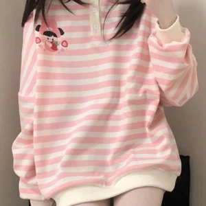 Y2K Pink Striped Sweatshirt - Japanese Kawaii Cartoon Print - Grunge Retro Style - Soft Girl Hoodie