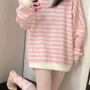 Y2K Pink Striped Sweatshirt - Japanese Kawaii Cartoon Print - Grunge Retro Style - Soft Girl Hoodie