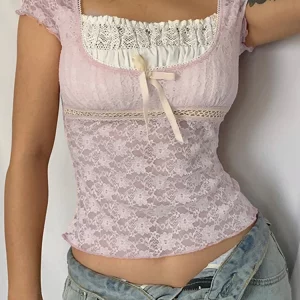 Y2k Pink Trim Crop Top: Retro Sweet T-Shirt with Lace Patched Detail