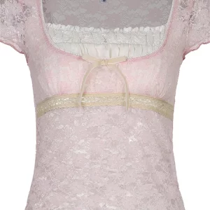 Y2k Pink Trim Crop Top: Retro Sweet T-Shirt with Lace Patched Detail