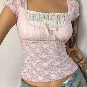 Y2k Pink Trim Crop Top: Retro Sweet T-Shirt with Lace Patched Detail