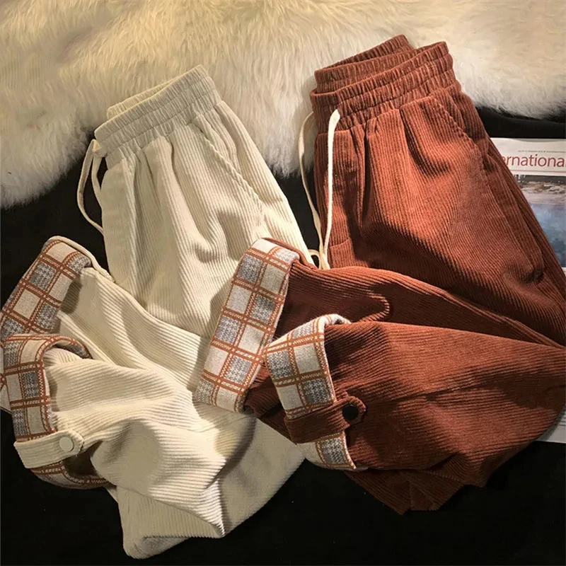 Y2K Plaid Corduroy Pants: High Waist Loose Straight Trousers