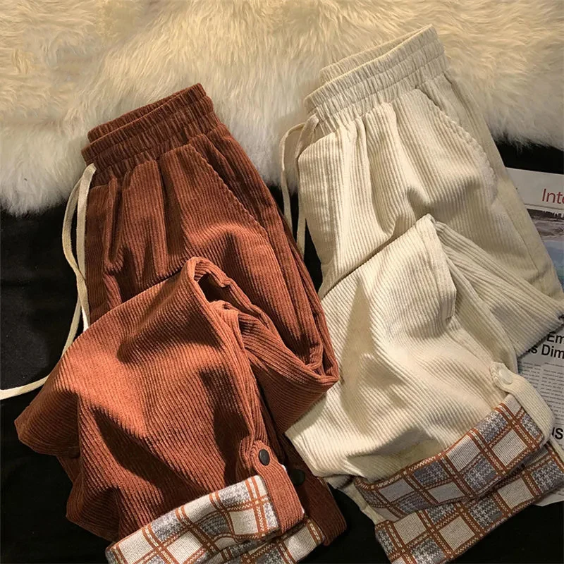 Y2K Plaid Corduroy Pants: High Waist Loose Straight Trousers