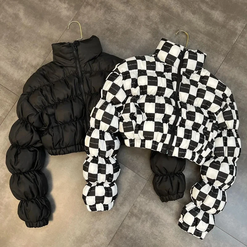 Y2K Plaid Crop Coat - Streetwear Zipper Puff Sleeve Parka