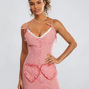 Y2K Plaid Lace Trim Nightdress - Spaghetti Strap V-Neck Cami Dress