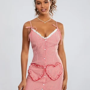 Y2K Plaid Lace Trim Nightdress - Spaghetti Strap V-Neck Cami Dress