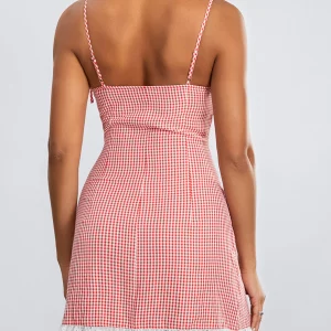 Y2K Plaid Lace Trim Nightdress - Spaghetti Strap V-Neck Cami Dress