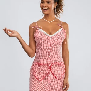 Y2K Plaid Lace Trim Nightdress - Spaghetti Strap V-Neck Cami Dress