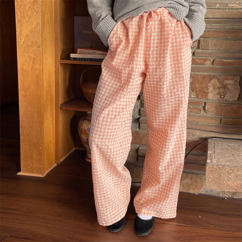 Y2K Plaid Lounge Pants: High Waist Drawstring Trousers with Pockets