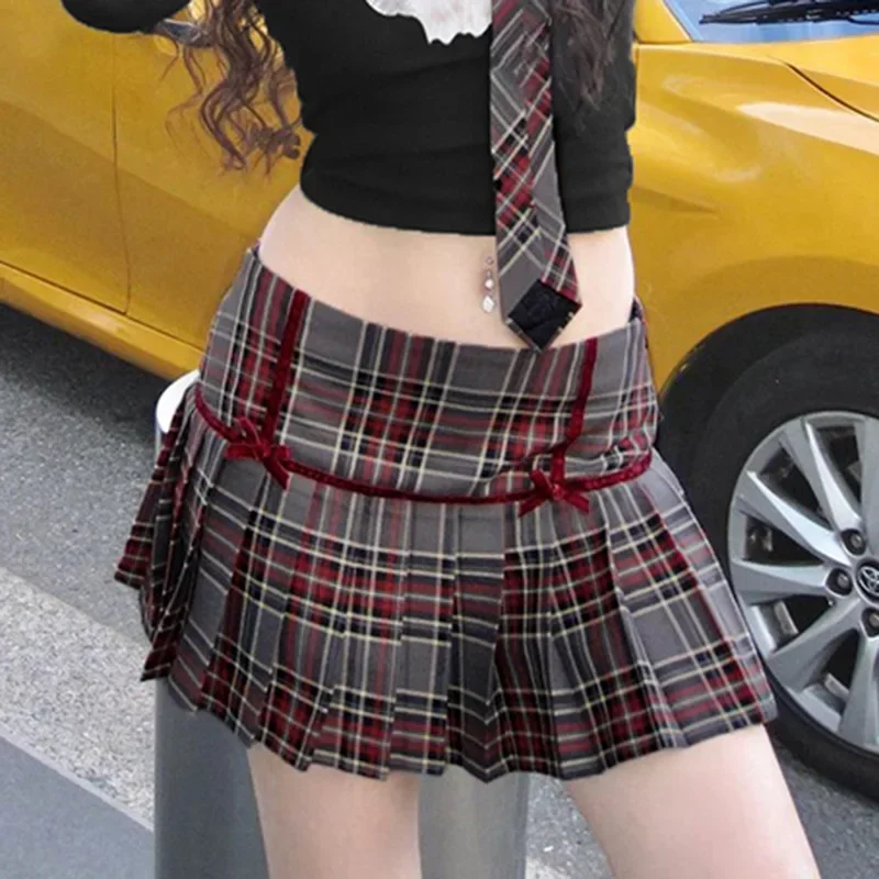 Y2K Plaid Mini Skirt with Bow Detail - Retro Grunge Style