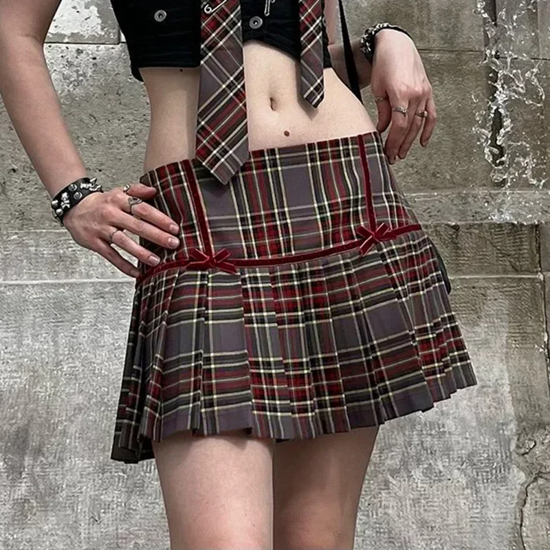 Y2K Plaid Mini Skirt with Bow Detail - Retro Grunge Style