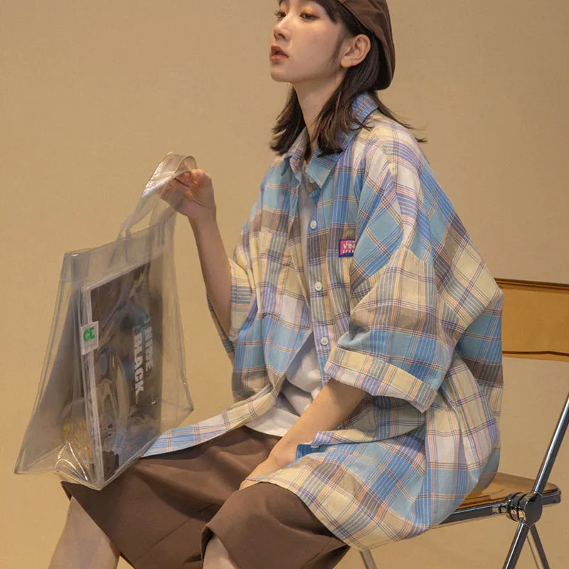 Y2K Plaid Oversize Shirt - Harajuku Loose Fit Summer Top