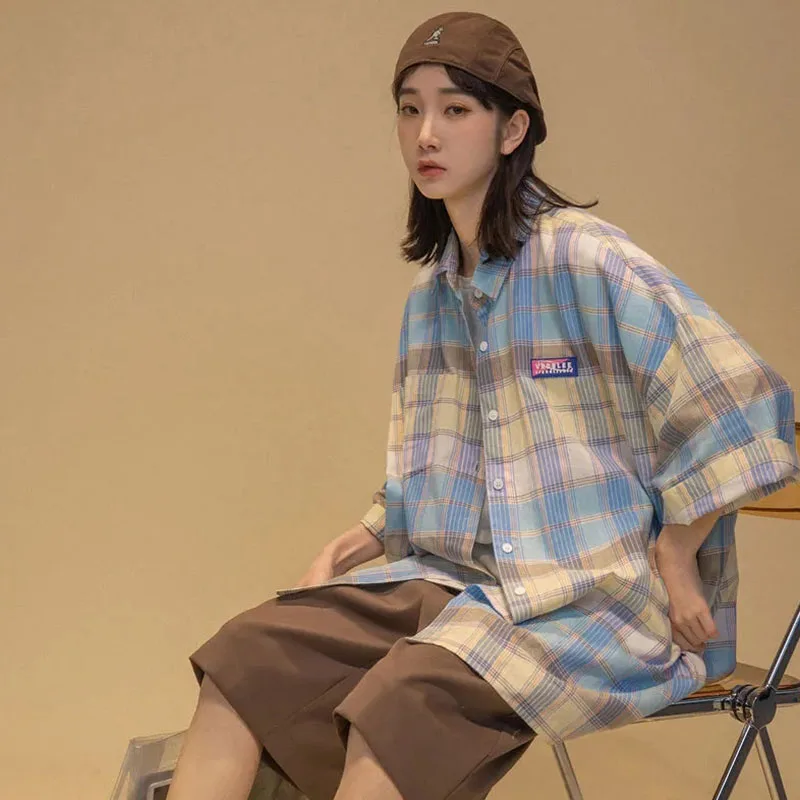 Y2K Plaid Oversize Shirt - Harajuku Loose Fit Summer Top